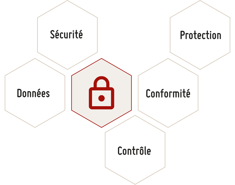 Infographie SoQualy illustrant la conformité RGPD avec les notions de sécurité, protection, données, contrôle et conformité