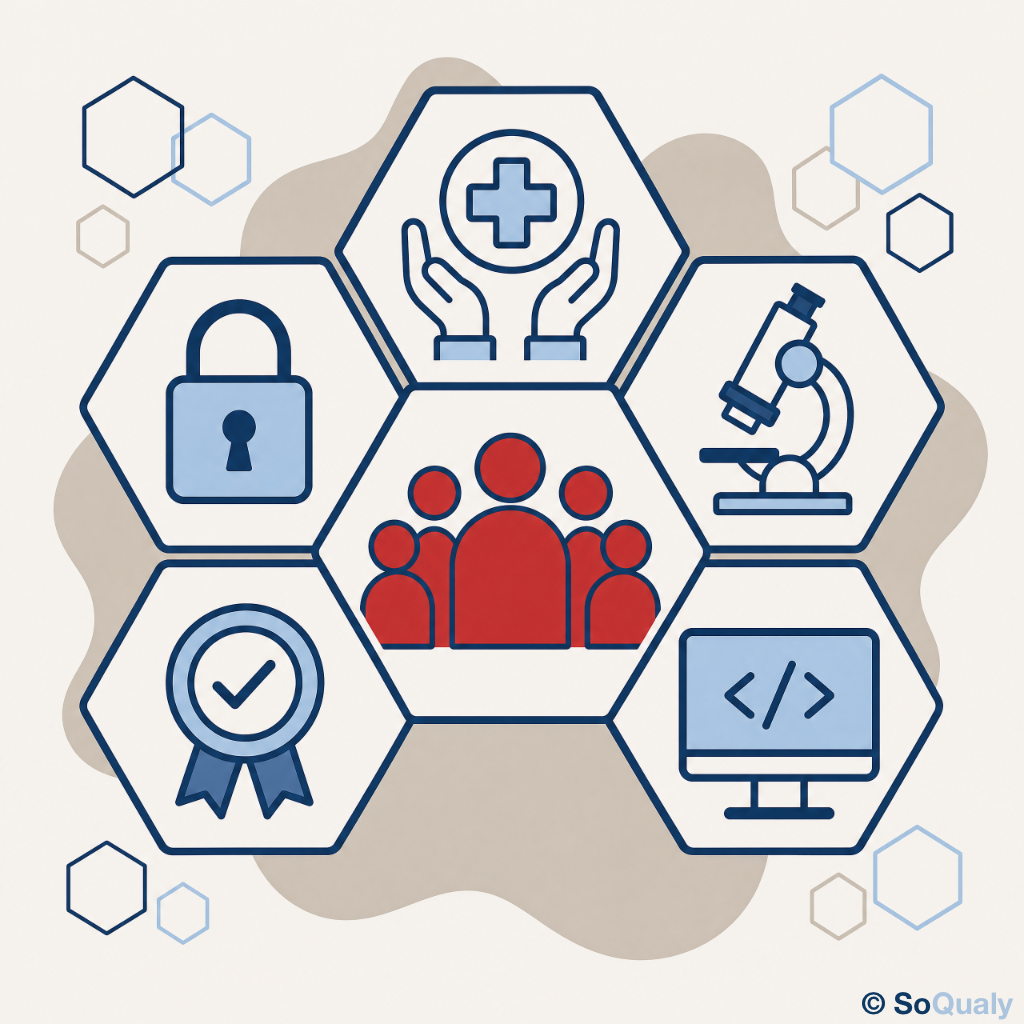 Illustration de l'équipe pluridisciplinaire SoQualy : une équipe au centre, entourée d'hexagones figurant ses expertises — médico-social, recherche, informatique, qualité et RGPD.