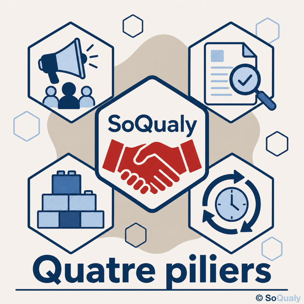 Illustration des quatre piliers de l'accompagnement SoQualy autour d'un engagement commun : sensibiliser, auditer, structurer et assurer un suivi dans la durée.