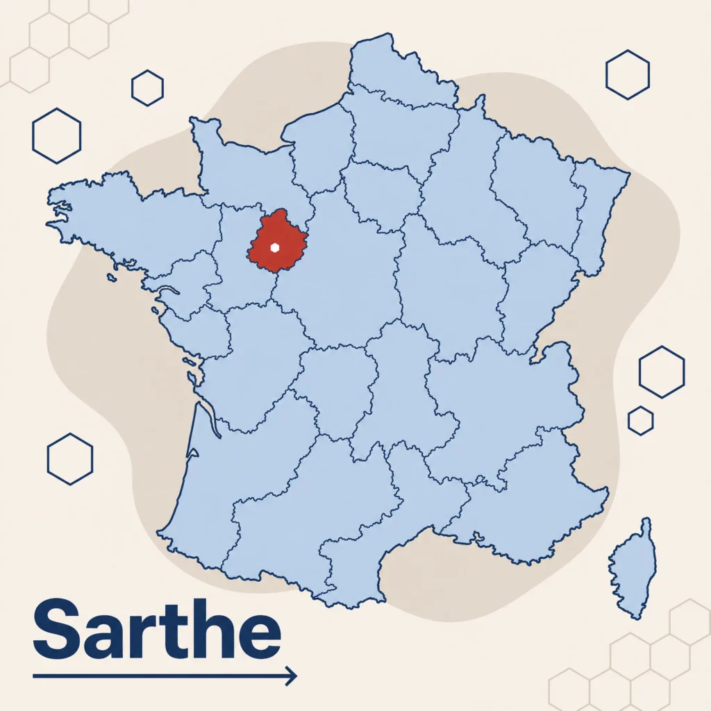 Carte de France localisant le département de la Sarthe — responsable qualité externalisé et accompagnement ISO 9001 par SoQualy