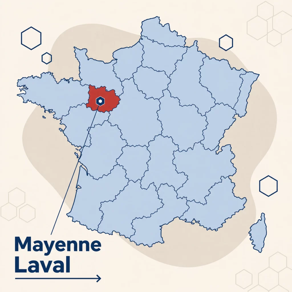 Carte de France localisant le département de la Mayenne — responsable qualité externalisé et accompagnement ISO 9001 par SoQualy