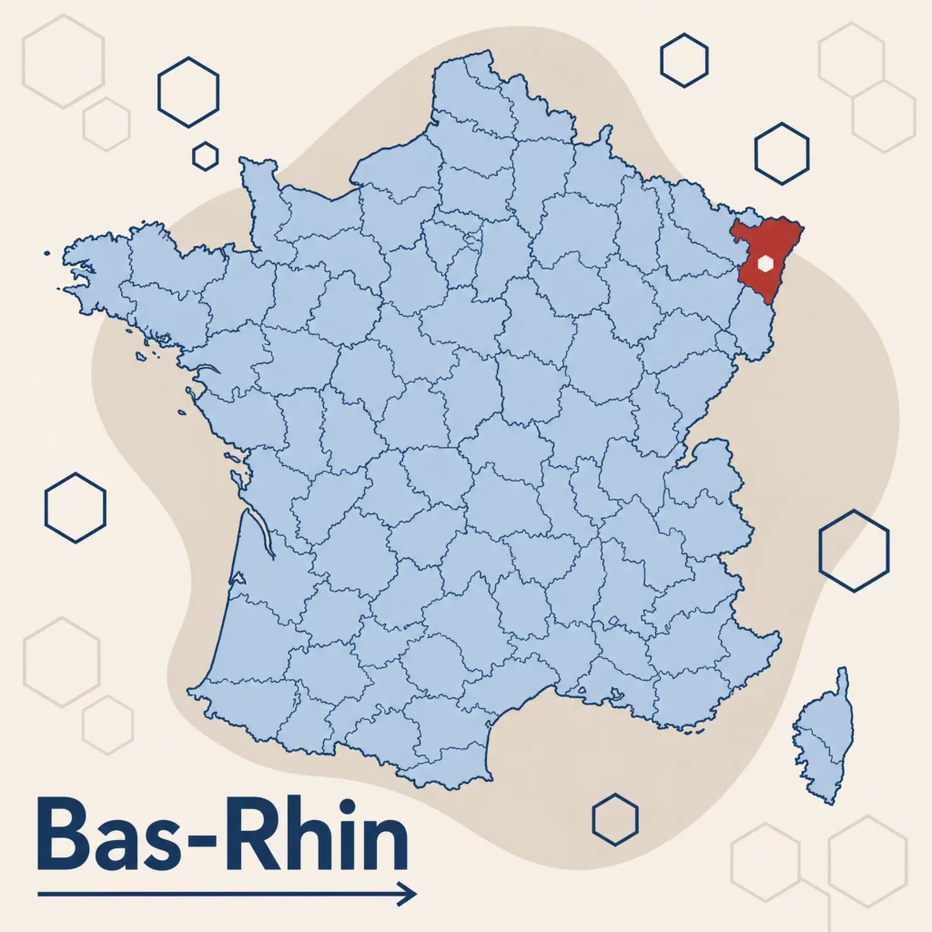 Carte de France localisant le département du Bas-Rhin — responsable qualité externalisé et accompagnement ISO 9001 par SoQualy