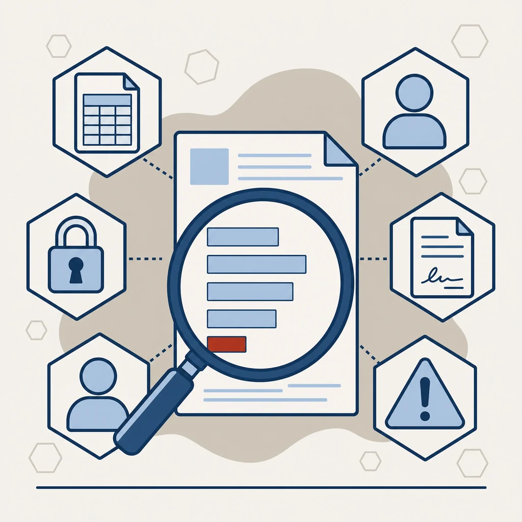 Illustration SoQualy : une loupe sur un rapport d’audit RGPD révélant le niveau de maturité domaine par domaine, avec l’écart prioritaire mis en évidence.