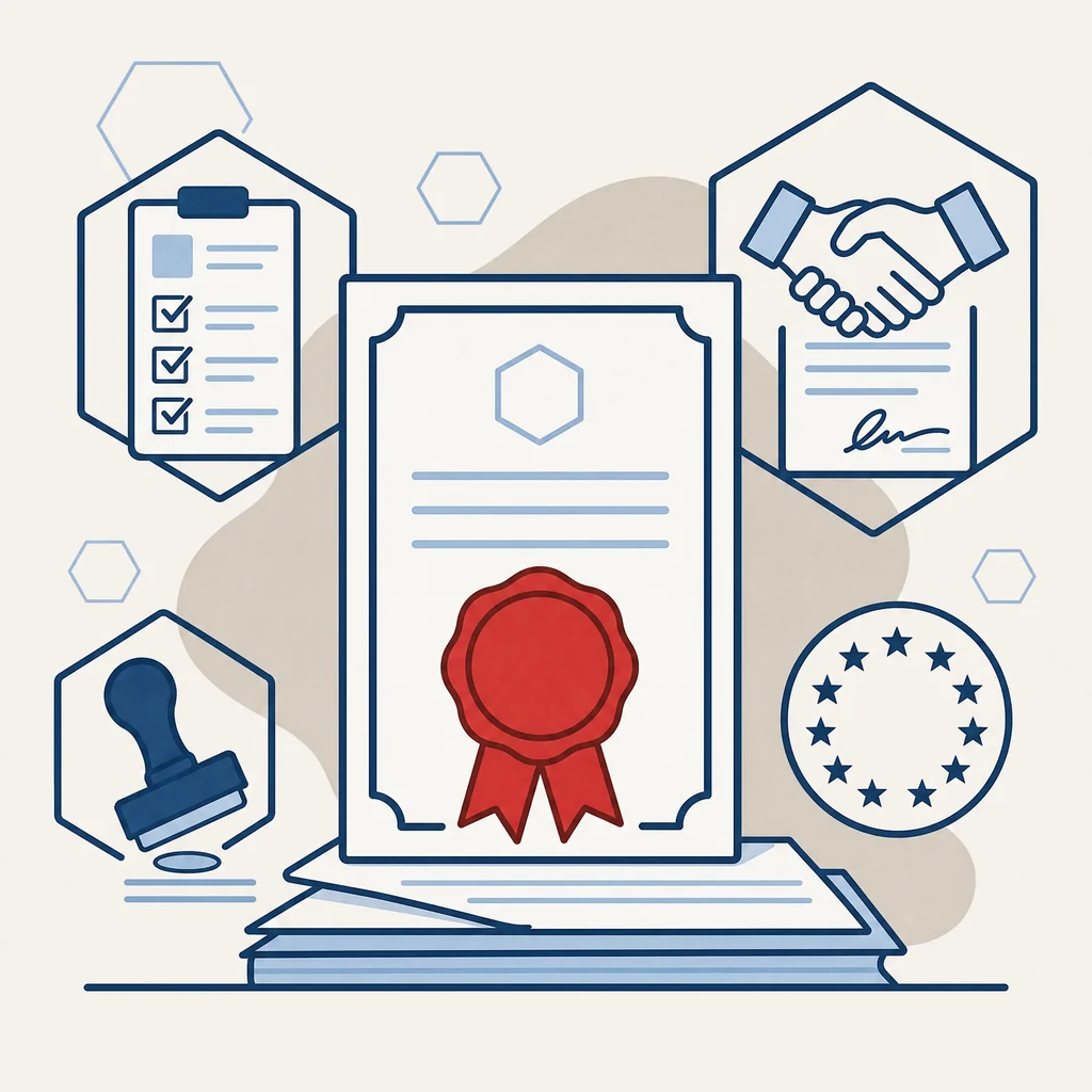 Illustration SoQualy de la certification Europrivacy : un certificat scellé posé sur le travail de conformité, entouré d’un questionnaire client, d’un contrat signé, des étoiles européennes et d’un tampon officiel.