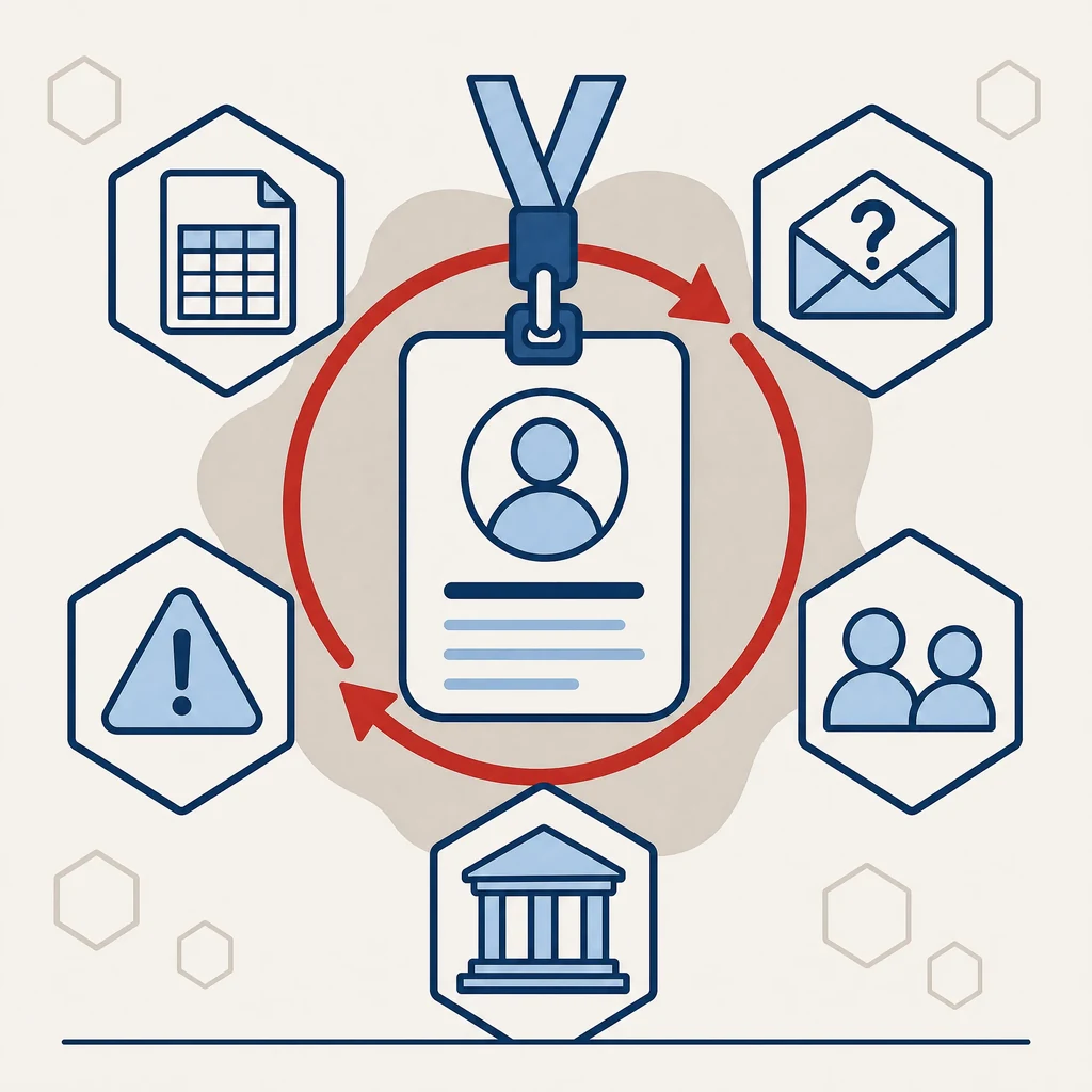 Illustration SoQualy du DPO externe : une carte de fonction entourée d’une boucle continue, reliée au registre, aux demandes de droits, aux violations, à la sensibilisation et au contact CNIL.