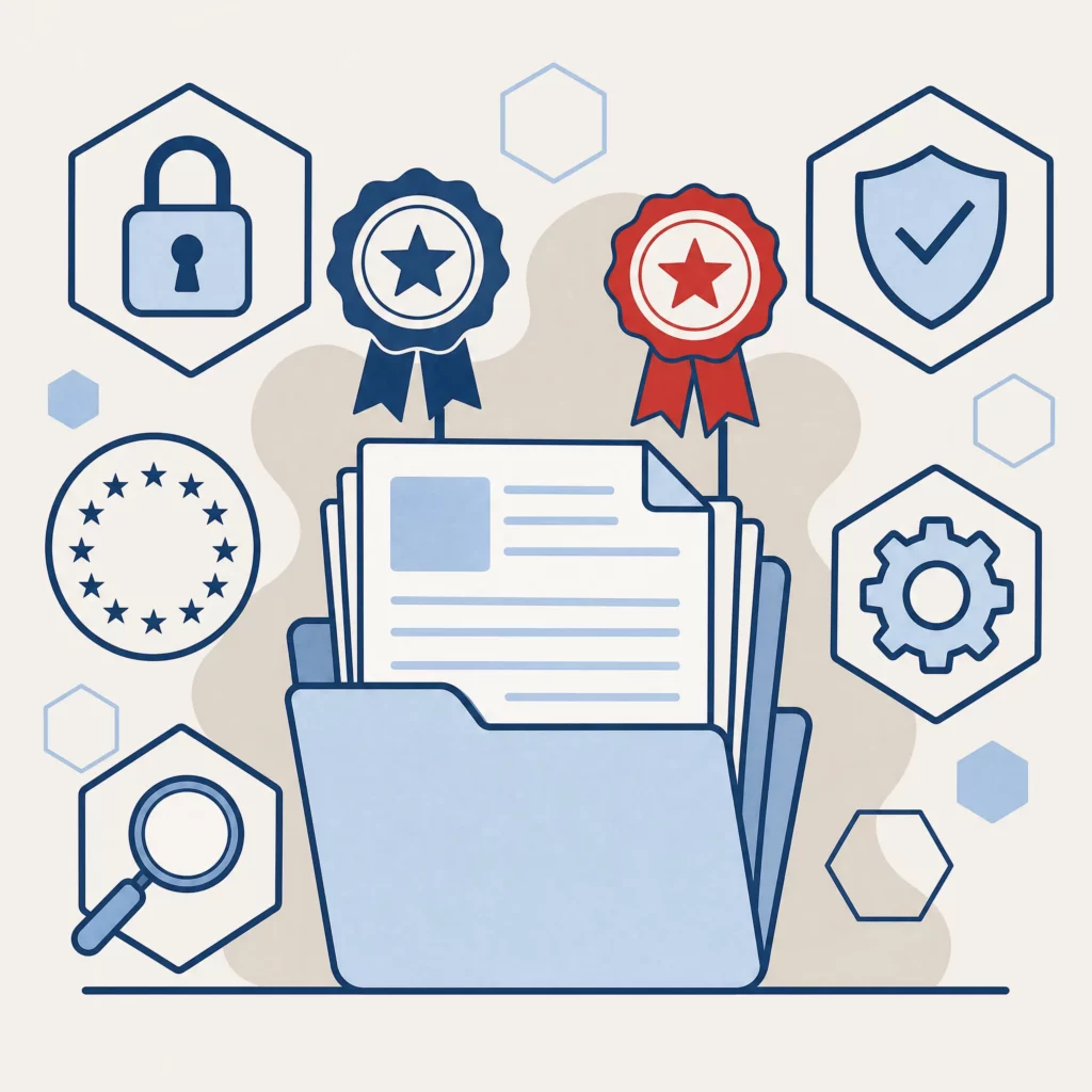 Deux sceaux de certification — ISO 27701 ou Europrivacy — posés sur un socle documentaire commun : illustration SoQualy.