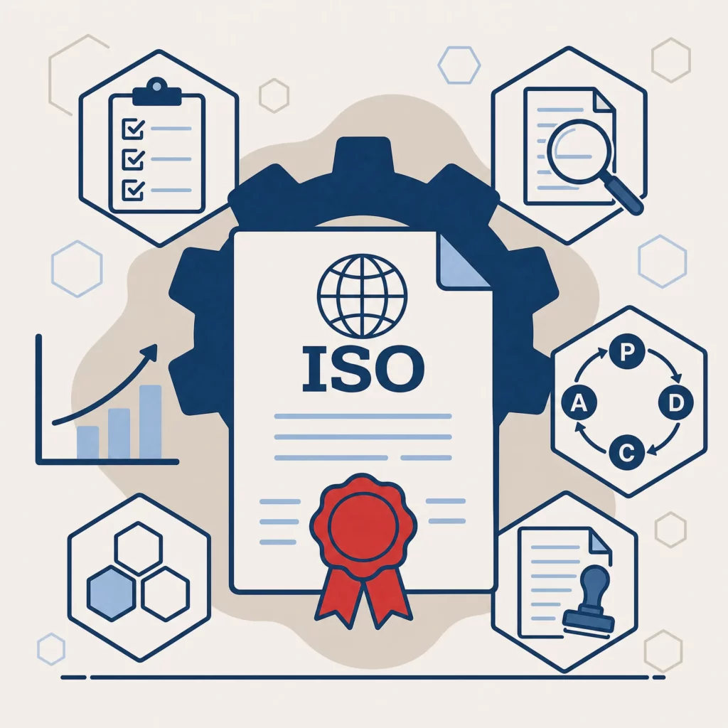 Illustration SoQualy : certificat ISO scellé dans un engrenage, entouré d'une check-list, d'un audit, d'indicateurs et d'une boucle d'amélioration continue.