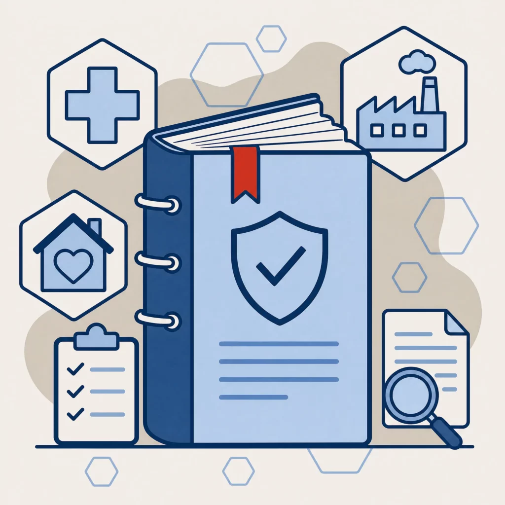 Illustration SoQualy : manuel de référentiel à reliure entouré d'icônes santé, industrie et services à domicile, d'une check-list et d'une loupe d'audit.